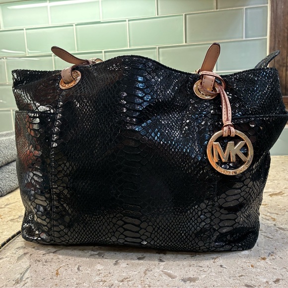 Michael Kors Handbags - Michael Kors Black Snake-Embossed Tote with Gold MK Charm